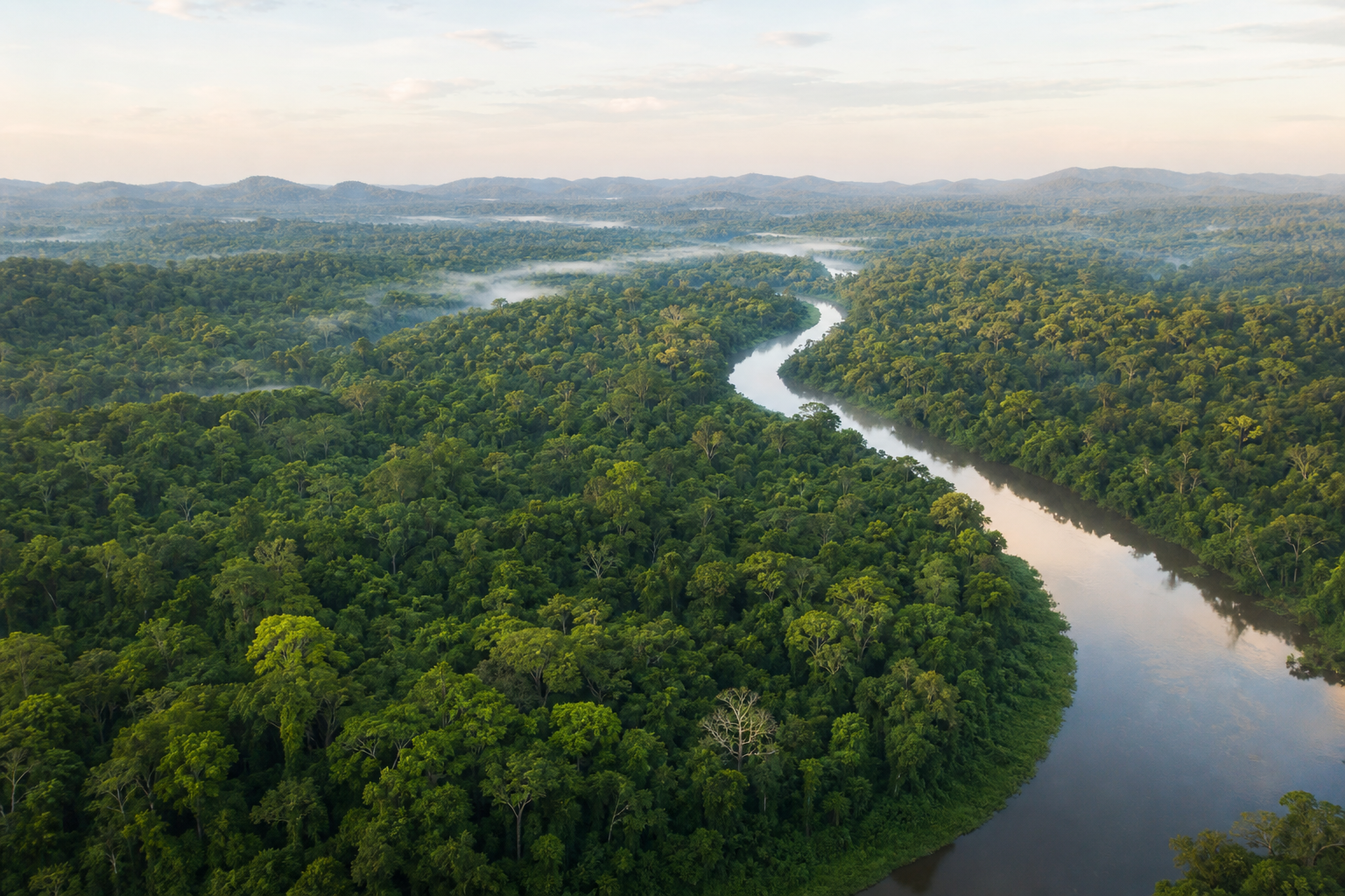 Vista aérea de uma floresta preservada cortada por um rio